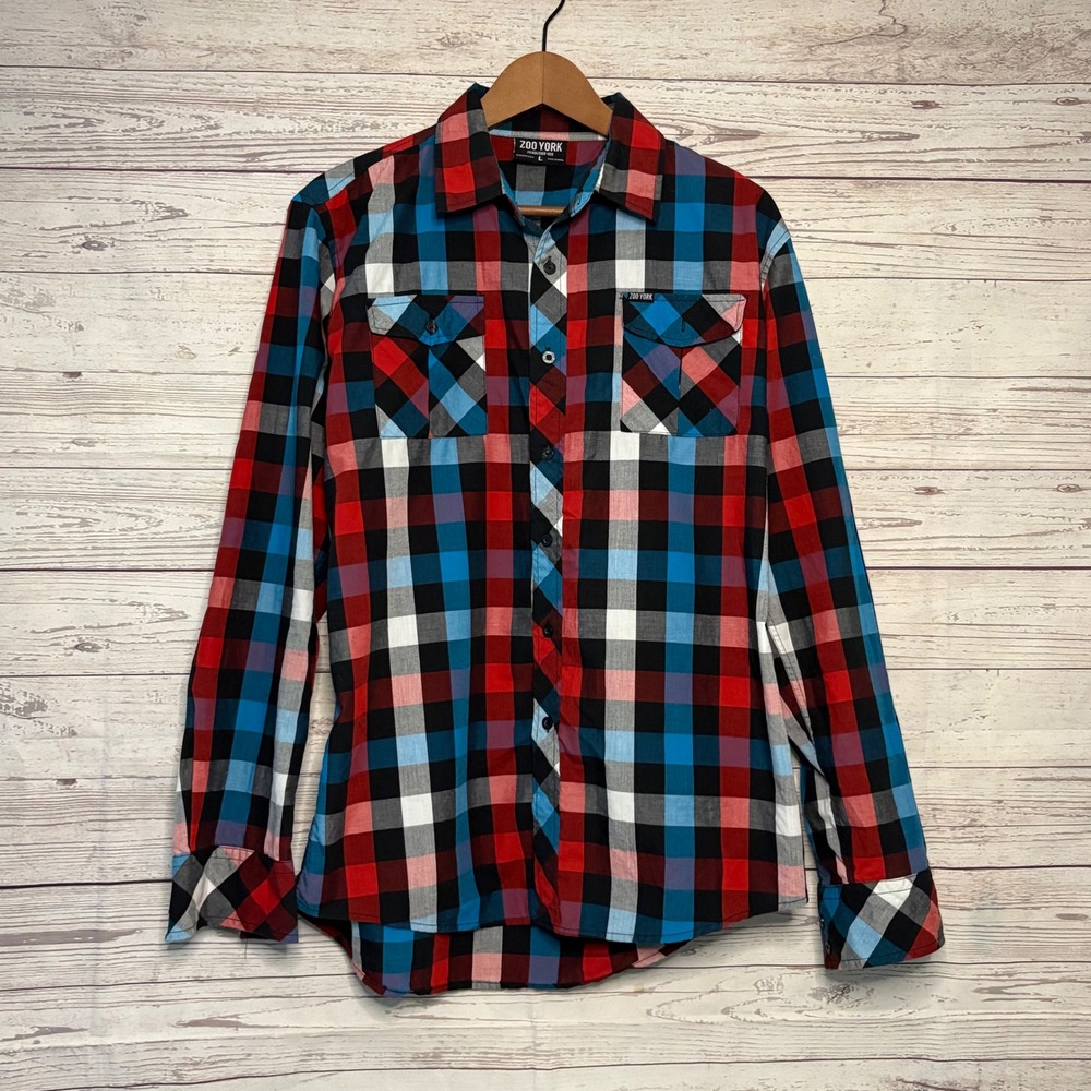 Zoo York Mens Plaid Button Down Shirt Long‎ Sleeve Red Blue Black Large